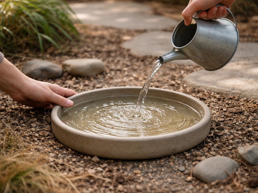 Hands placing a shallow basin and filling it with clean water for a bird bath in a backyard.