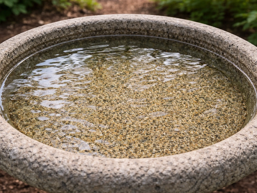 Bird bath basin with rough textured surface holding clean water, ready for birds to land safely.