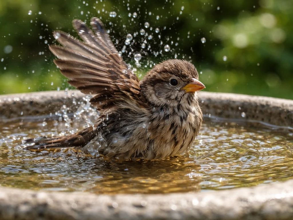 A small bird wading in a bird bath, flapping and splashing water onto its back and wings.