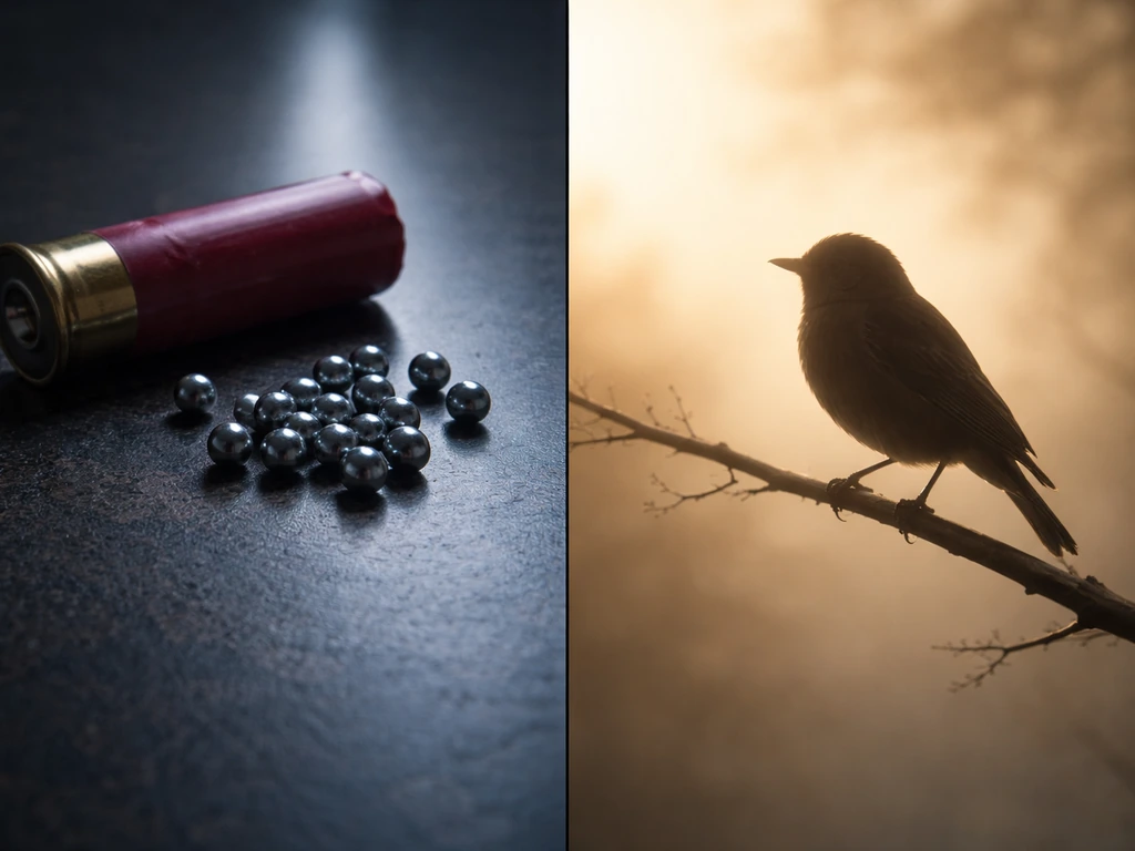 Split scene: shotgun pellets and shell on one side, calm perched bird in soft light on the other.
