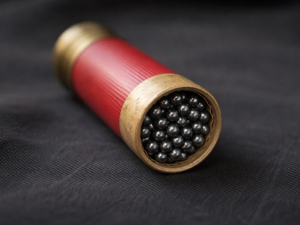 Close-up of a shotgun shell with visible small pellets inside, photographed in soft natural light.
