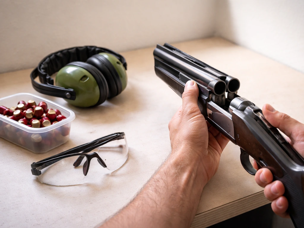 Hands with a shotgun action held open beside safety glasses, earmuffs, and birdshot shells on a workbench.