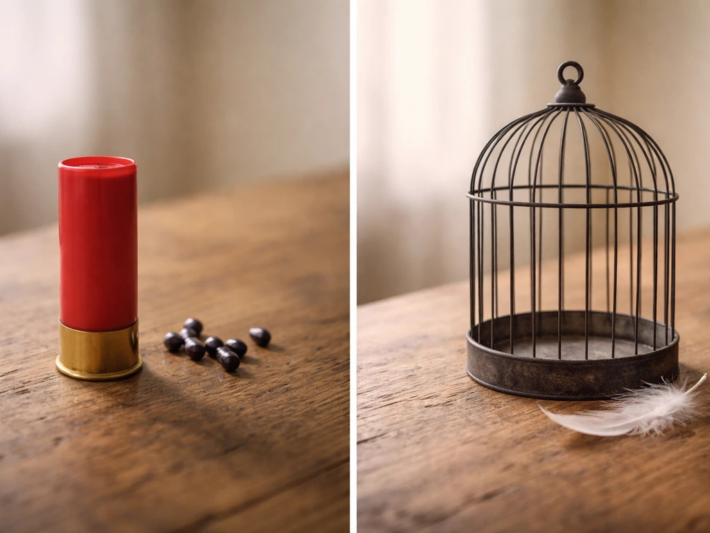 Split image: shotgun shell vs empty birdcage with a feather, symbolizing two different meanings.