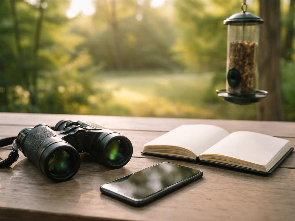 Binoculars, smartphone, and a blank notebook on a porch table beside a bird feeder in morning light.
