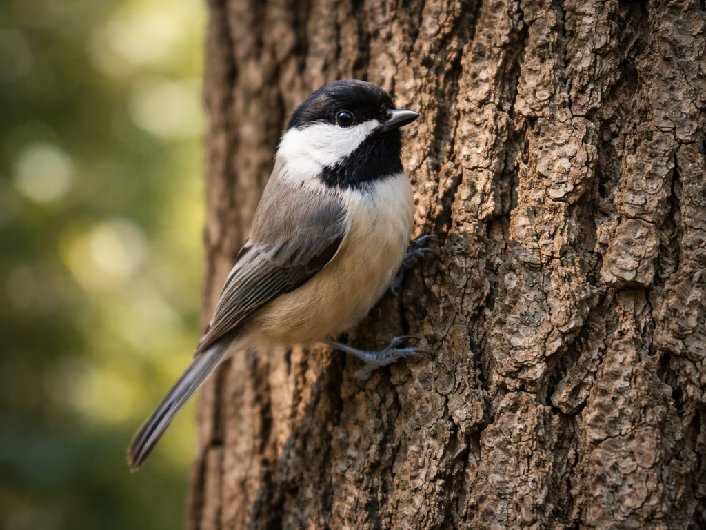 A small bird perched on a textured tree trunk in natural forest light.