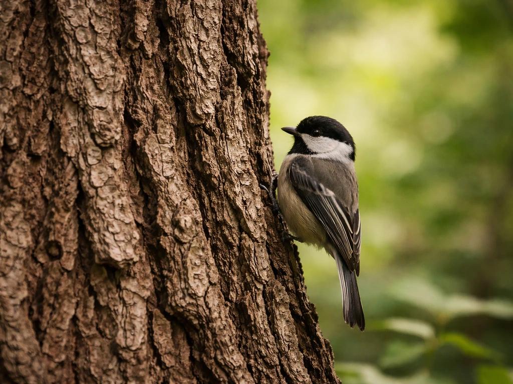 Close-up of a textured tree trunk with a small bird perched nearby in soft green foliage.
