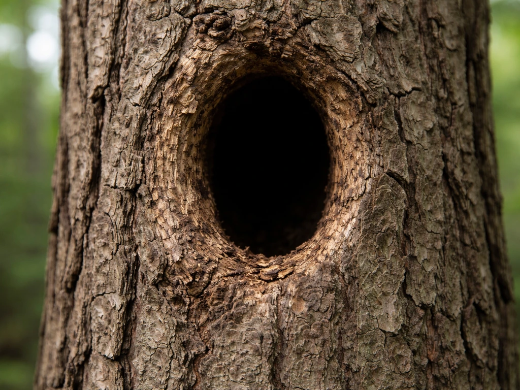 Close-up of a tree trunk cavity/old woodpecker hole with rough bark and a dark nesting entrance.
