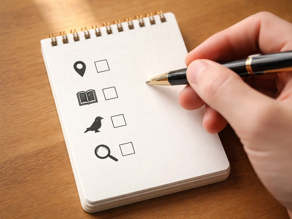 Minimal desk scene with four simple checklist tiles on a notepad, highlighting where phrases were seen and meanings fit.