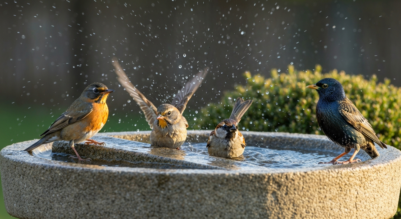 Three small songbirds splashing in a shallow stone birdbath with water droplets flying, textured basin, and shrubs in the background.