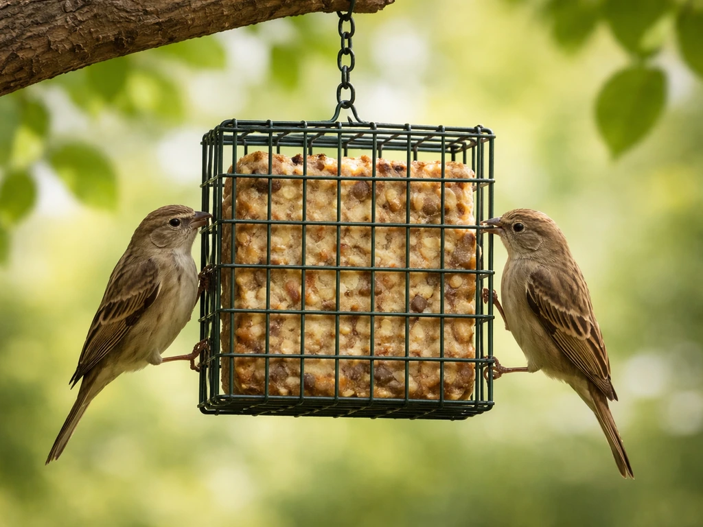 Small birds feeding on a bird suet cake in a backyard feeder on a tree branch.