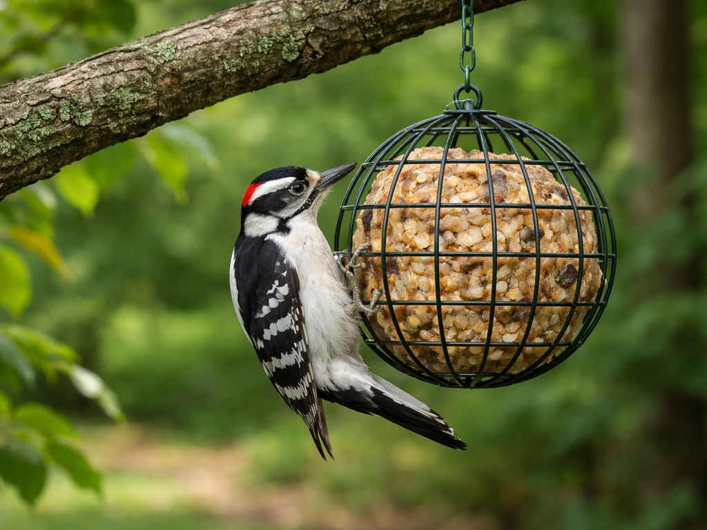 Downy woodpecker clinging to a suet feeder on a backyard branch, pecking for food in soft daylight.