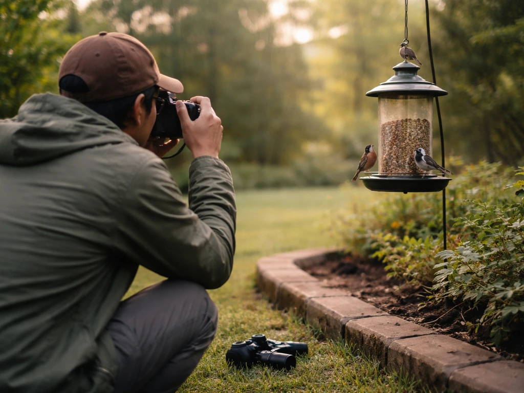 Person in a backyard photographing small wild birds with a camera and binoculars