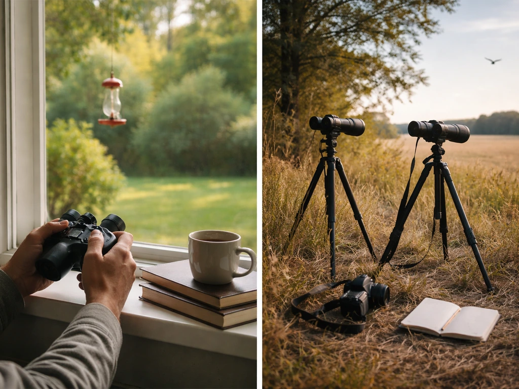 Split image: backyard birdwatching with binoculars on left, field birding gear and distant bird on right.