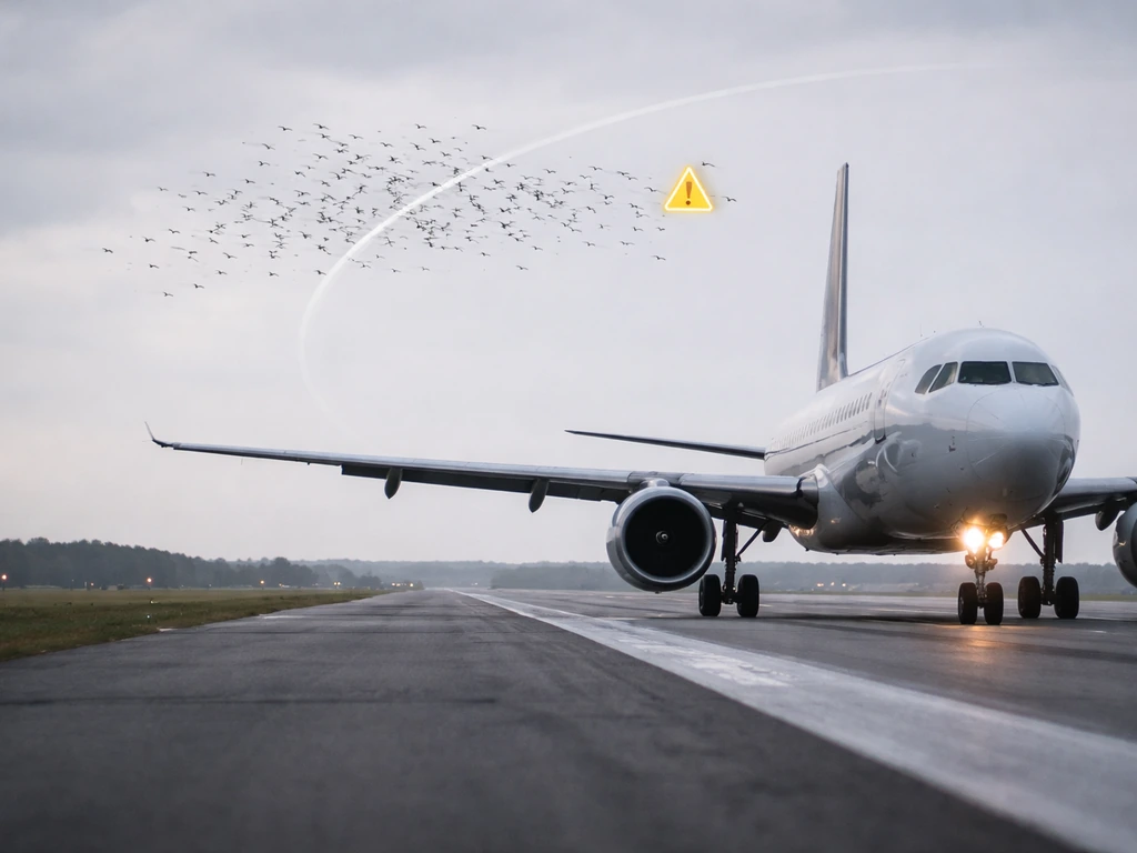 Passenger jet on runway with birds flocking in the background and a subtle bird-risk overlay.