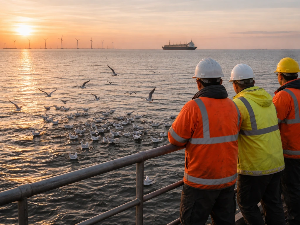 Crew near a port bridge overlooking gulls feeding near harbor approach with industrial vessels