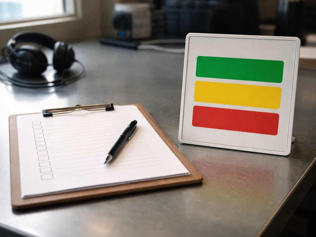Close-up of an aviation operations clipboard with a simple three-tier urgency board in a quiet crew room.