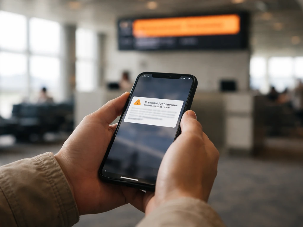 Passenger holding a phone with a bird-activity alert while an airport gate display shows a delay/route change.