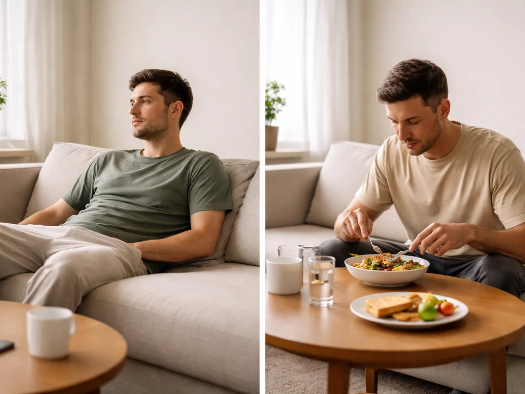 Split image showing someone lounging idly on a couch versus another person actively eating, relaxed vs feeding.