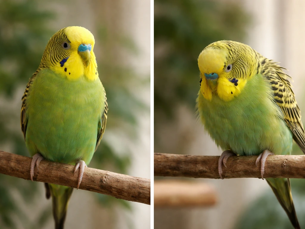 Two anonymous pet birds on a perch: left relaxed, right hunched with dull eyes indicating illness.