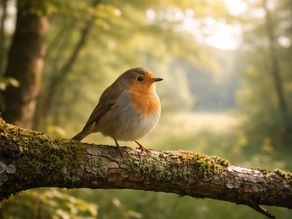 A small bird quietly resting on a tree branch in soft morning light over a calm landscape