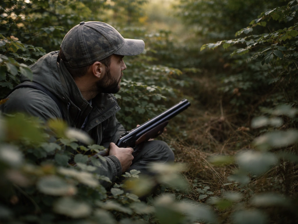 Crouched hunter hidden in dense bushes, suggesting a bird-like reward that’s not yet confirmed.