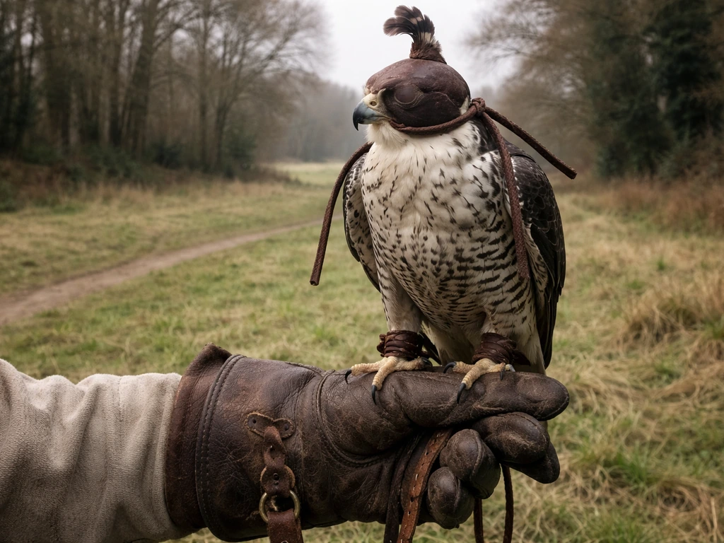Gloved hand holding a hooded falcon with leather falconry gear in a quiet grassy field