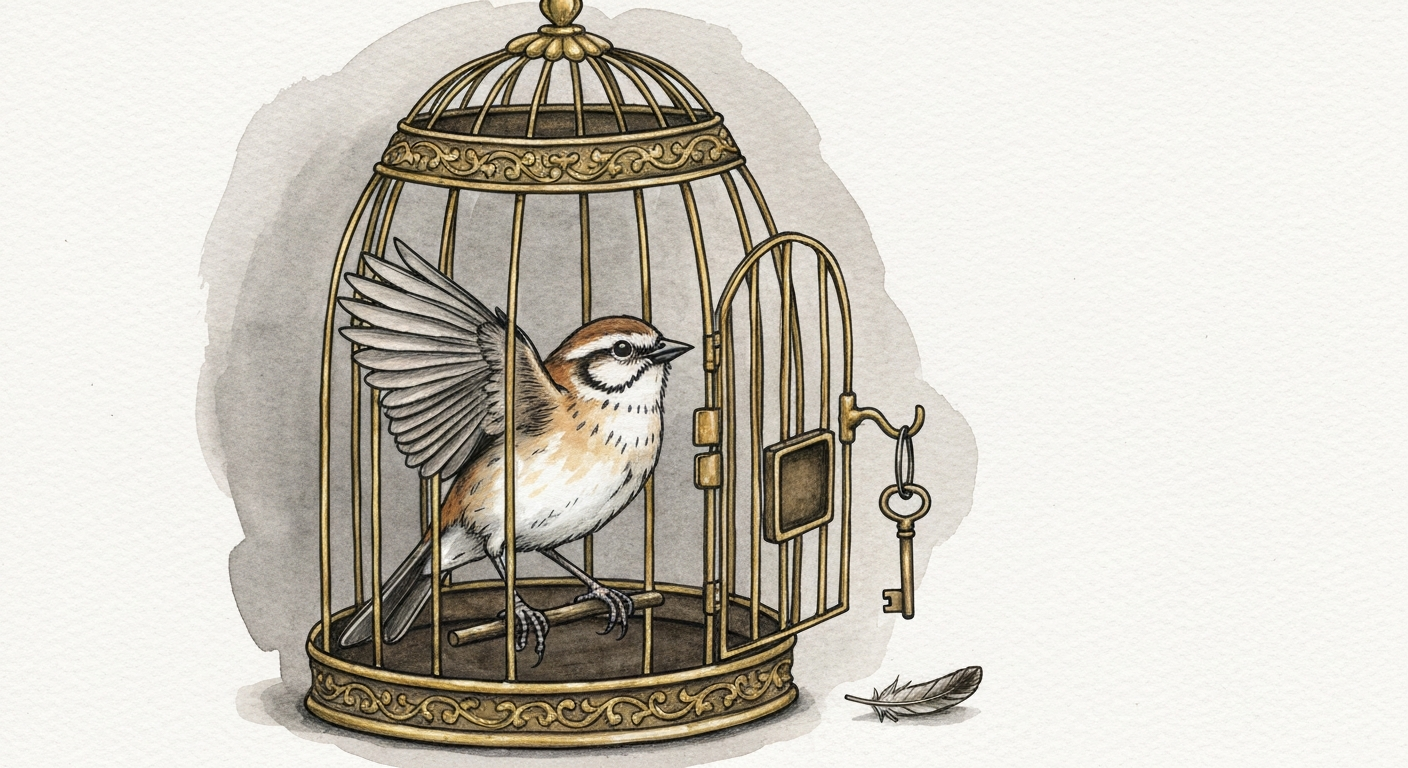 Ink-and-watercolor illustration of a songbird in a half-open gilded cage, one wing spread, key hanging nearby, single feather on the floor — moody, contemplative composition.