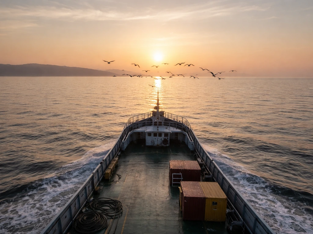 Seabirds hover above an ocean as a ship approaches distant land at sunrise