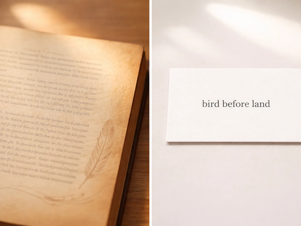 Minimal split-panel scene: vintage book page quote on left and a simple modern phrase card on right