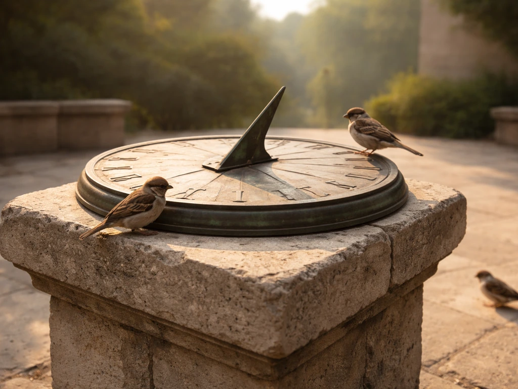 Sunlit stone sundial with small birds perched around it, suggesting spiritual timing.