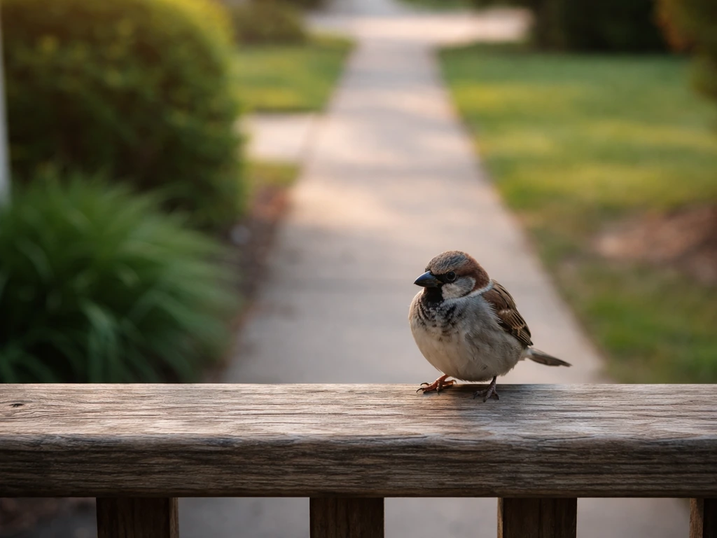 Single small bird perched on a porch railing near the camera, calm morning light.