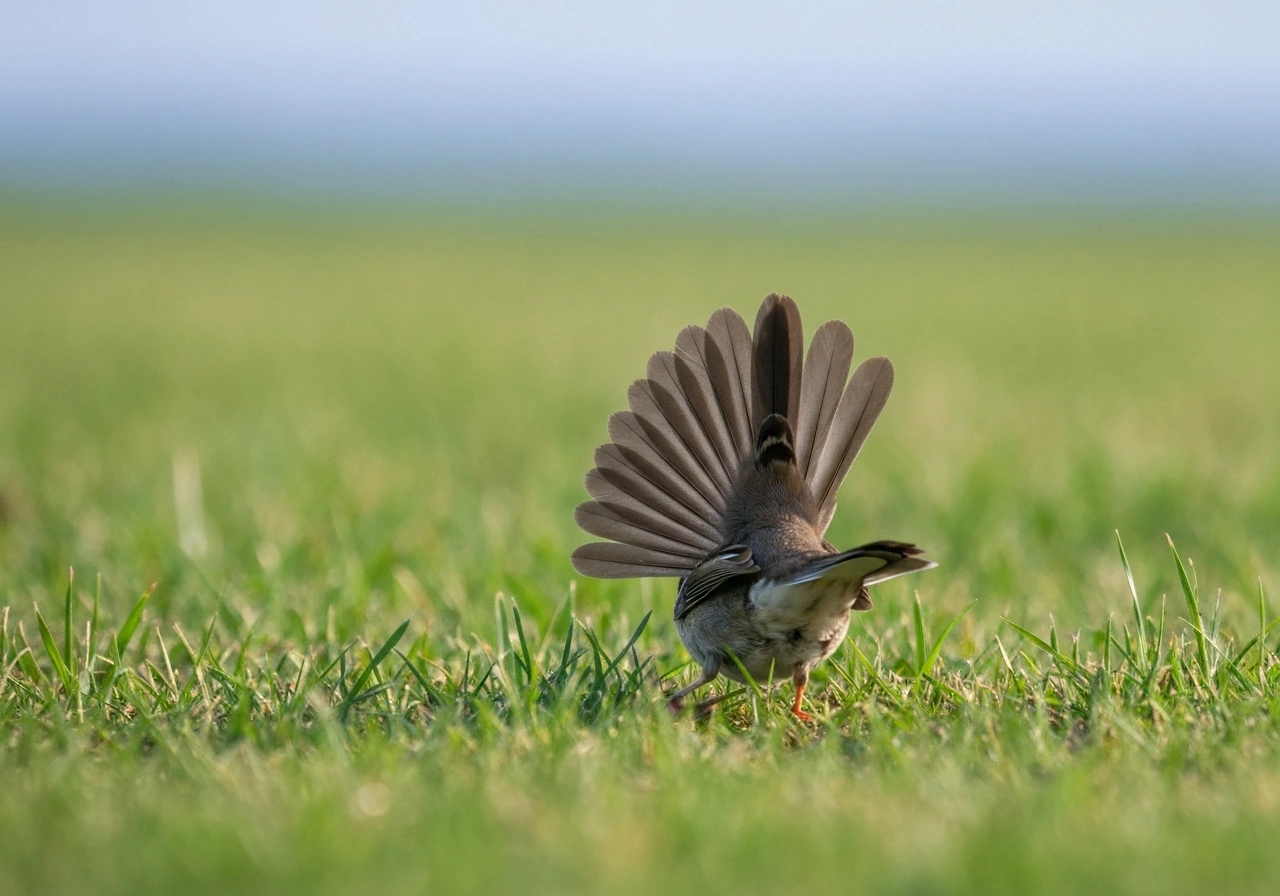 Close-up of a bird tail fanning mid-motion in a grassy field, showing feather detail and behavior cues.