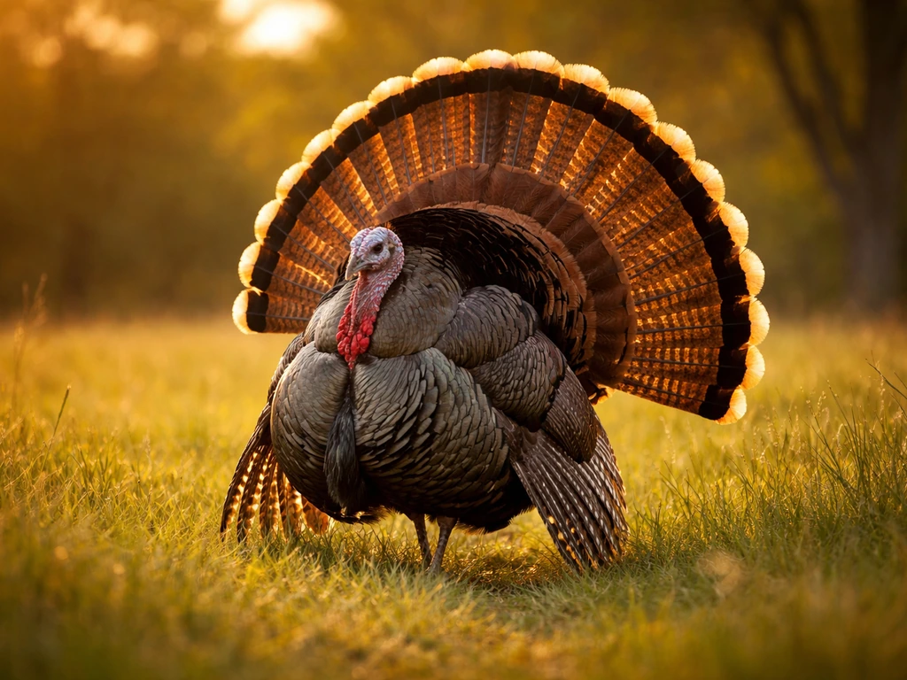 Male turkey courtship display with tail fully fanned in a grassy meadow at golden hour