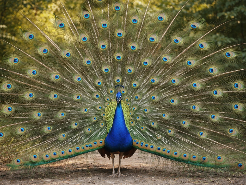 Peacock with a fully fanned tail showing vivid eye-like feather patterns in soft natural light.