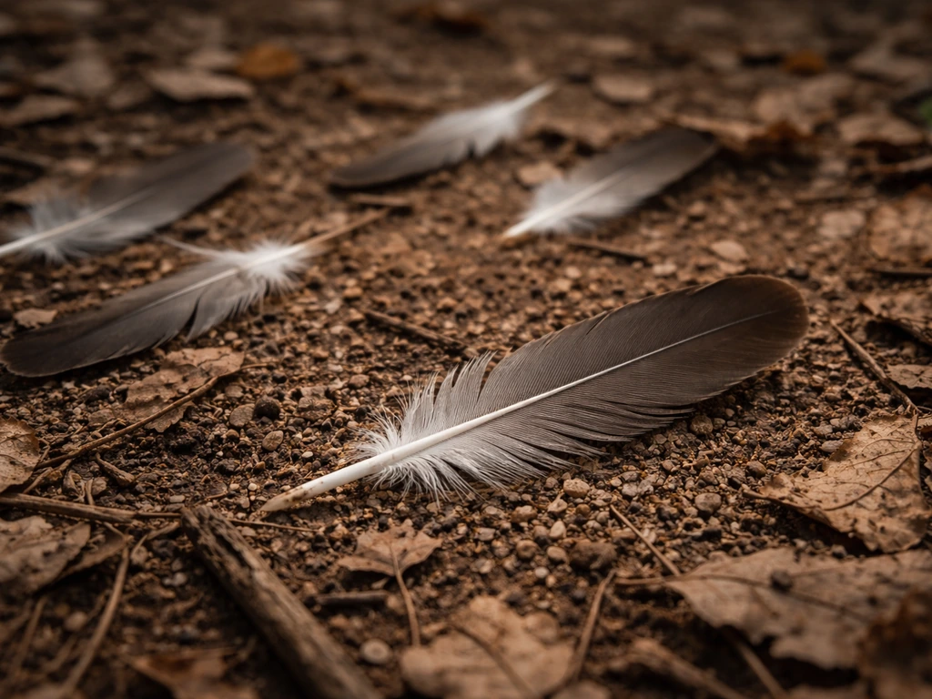 Loose bird tail feathers scattered on a forest floor, with one distinct feather clearly set apart.