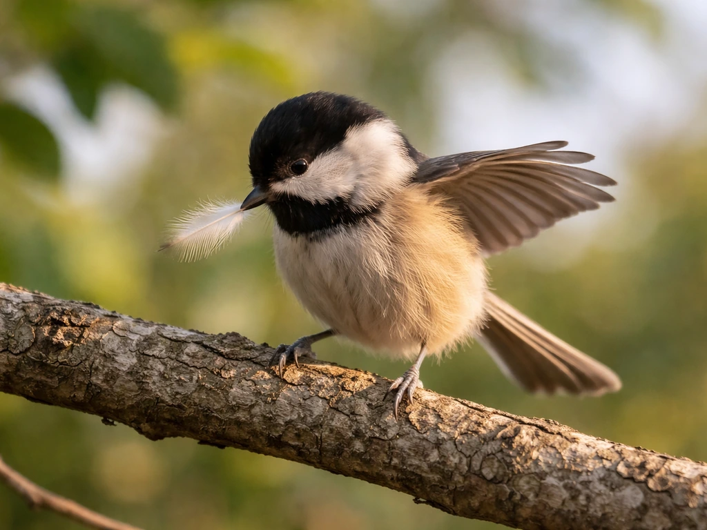 Songbird perched on a branch, wing slightly lifted and preening a feather in morning light.