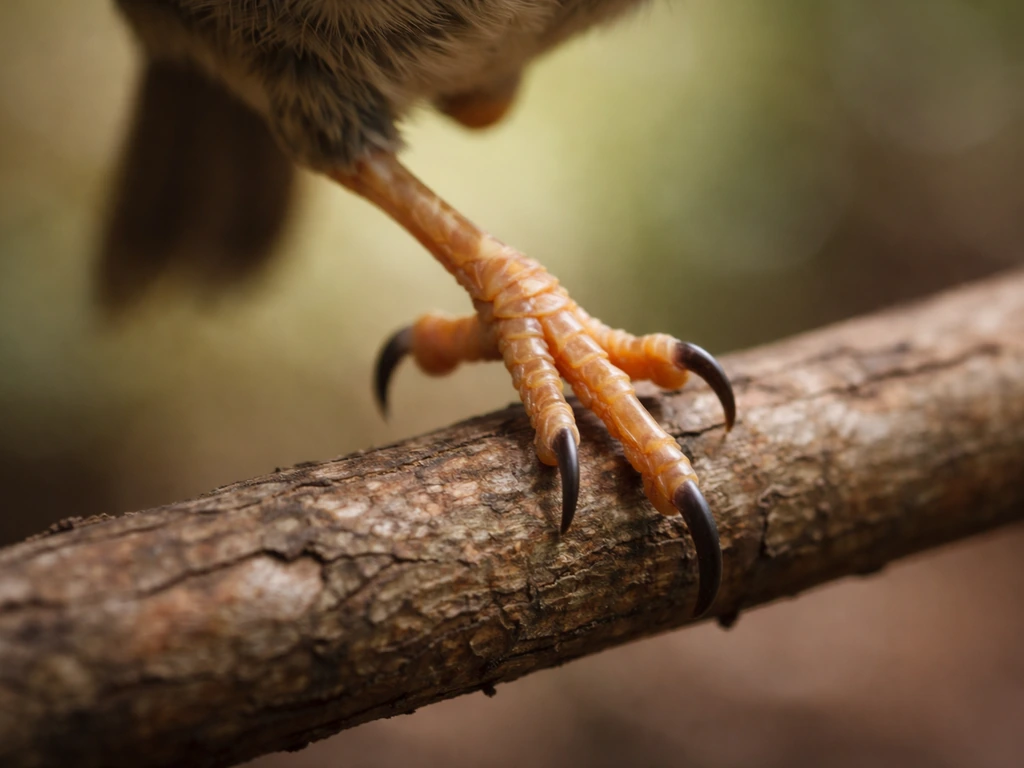 Close-up of a bird’s leg and feet mid-step on a branch, suggesting bird locomotion.