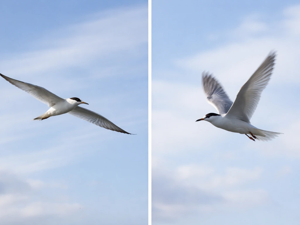 Two side-by-side sky photos: one bird soaring with still wings, the other flapping actively.