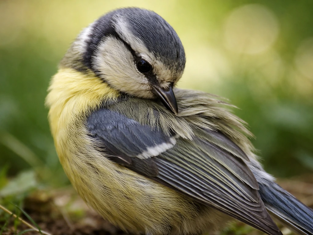 Close-up of a bird preening, bill adjusting feathers along its body