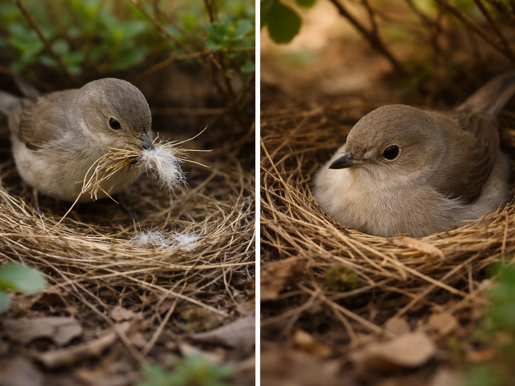 Bird arranging nesting twigs and then incubating in a shallow nest outdoors.